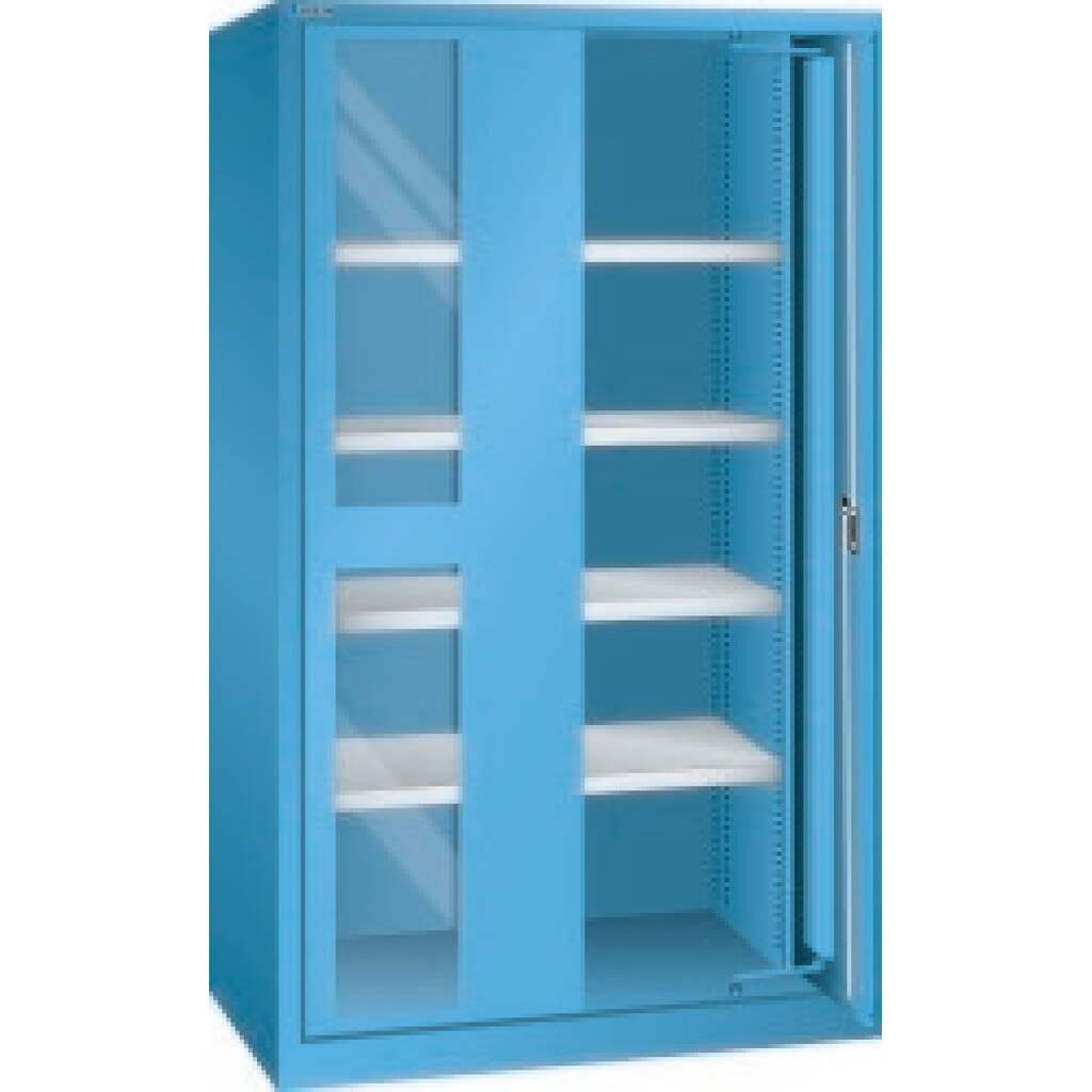 Zwaarlastkast LISTA met indraaiende deuren + kijkvenster, 4 legborden, hxbxd 1950 x 1146 x 690 mm, lichtblauw Product afbeelding: Zwaarlastkast LISTA met indraaiende deuren + kijkvenster, 4 legborden, hxbxd 1950 x 1146 x 690 mm, lichtblauw