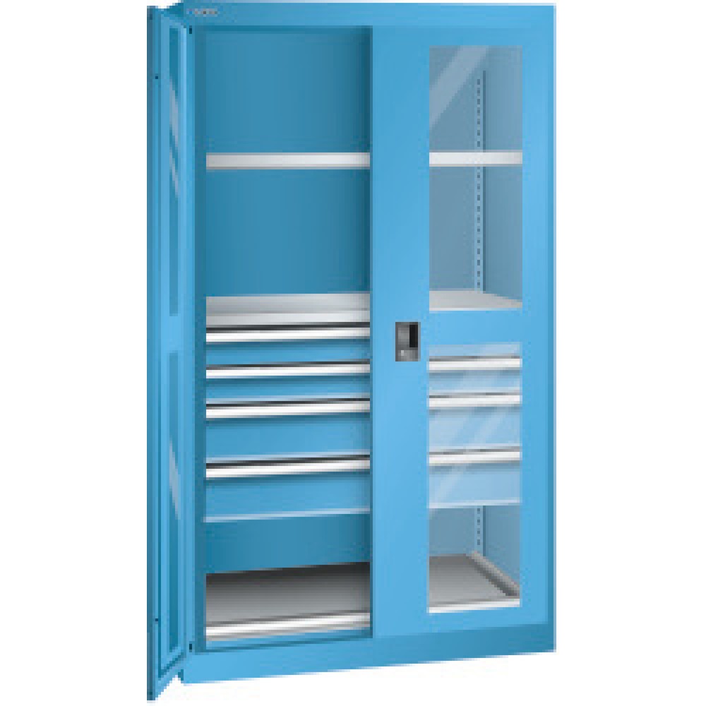 Product afbeelding: Zwaarlastkast LISTA met kijkvenster, 2 legborden + 4 lades, hxbxd 1950 x 1100 x 641 mm, lichtblauw