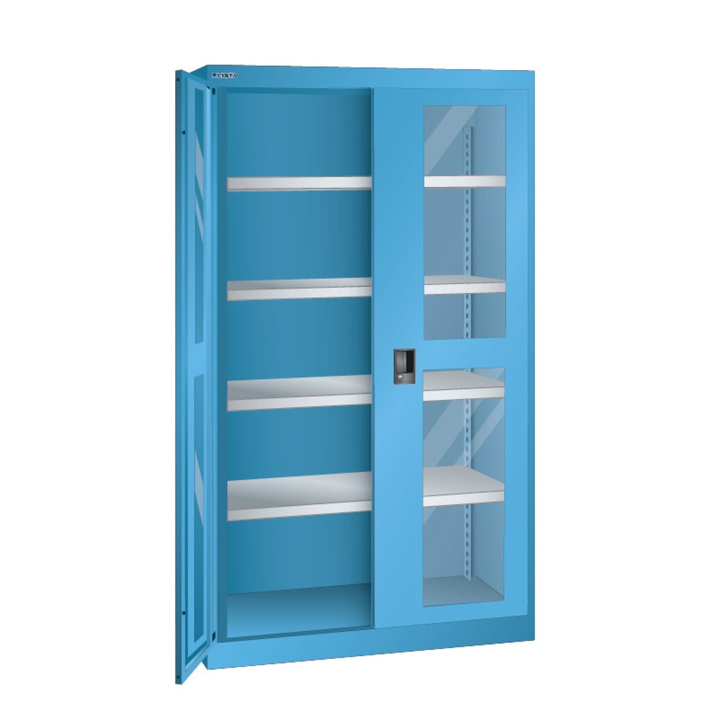 Zwaarlastkast LISTA met kijkvenster, 4 legborden, hxbxd 1950 x 1100 x 641 mm, lichtblauw Product afbeelding: Zwaarlastkast LISTA met kijkvenster, 4 legborden, hxbxd 1950 x 1100 x 641 mm, lichtblauw