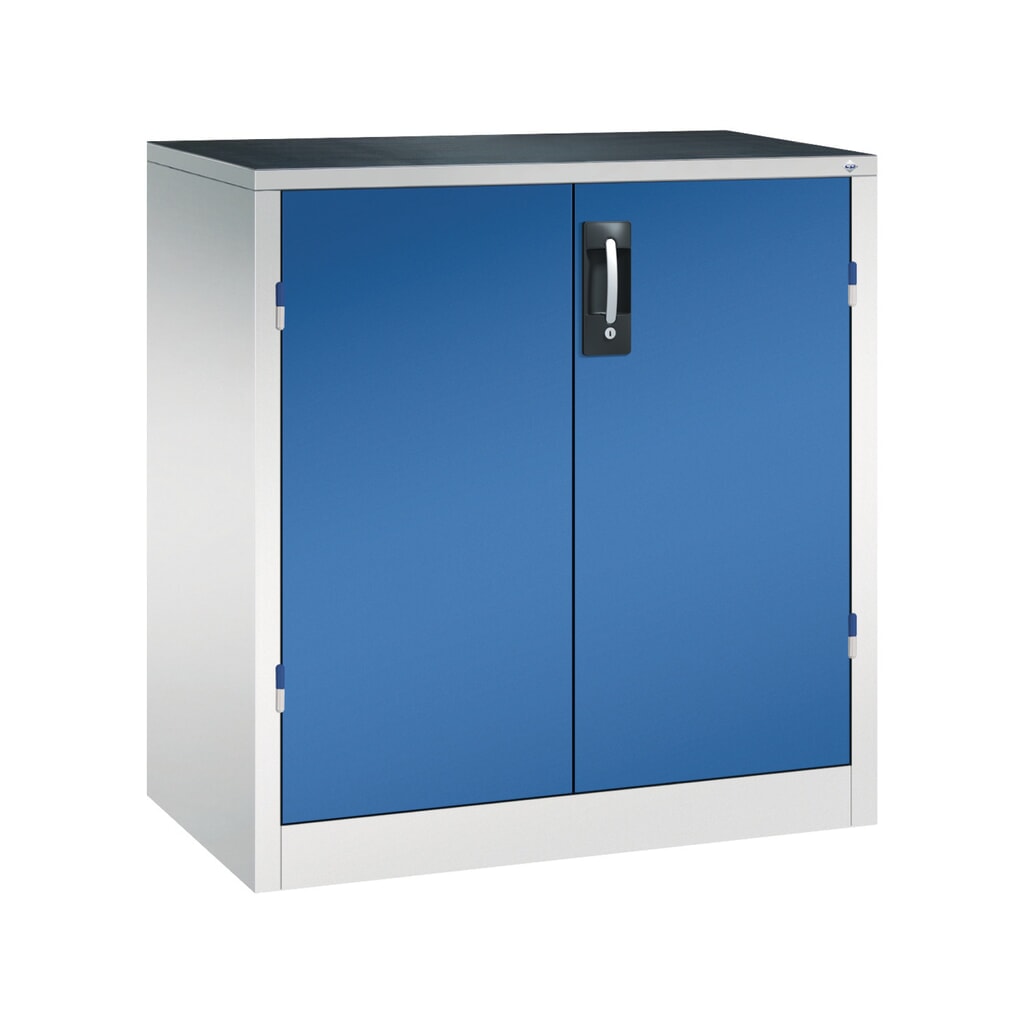 Zwaarlastkast met opensl. deuren, cap. 700 kg, 100x93x50cm, lichtgrijs, gentiaanblauw Product afbeelding: Zwaarlastkast met opensl. deuren, cap. 700 kg, 100x93x50cm, lichtgrijs, gentiaanblauw