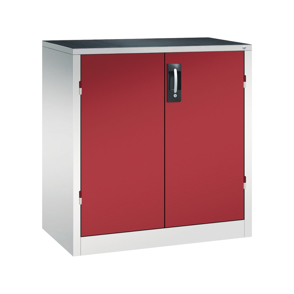 Zwaarlastkast met opensl. deuren, cap. 700 kg, 100x93x50cm, lichtgrijs, robijnrood Product afbeelding: Zwaarlastkast met opensl. deuren, cap. 700 kg, 100x93x50cm, lichtgrijs, robijnrood