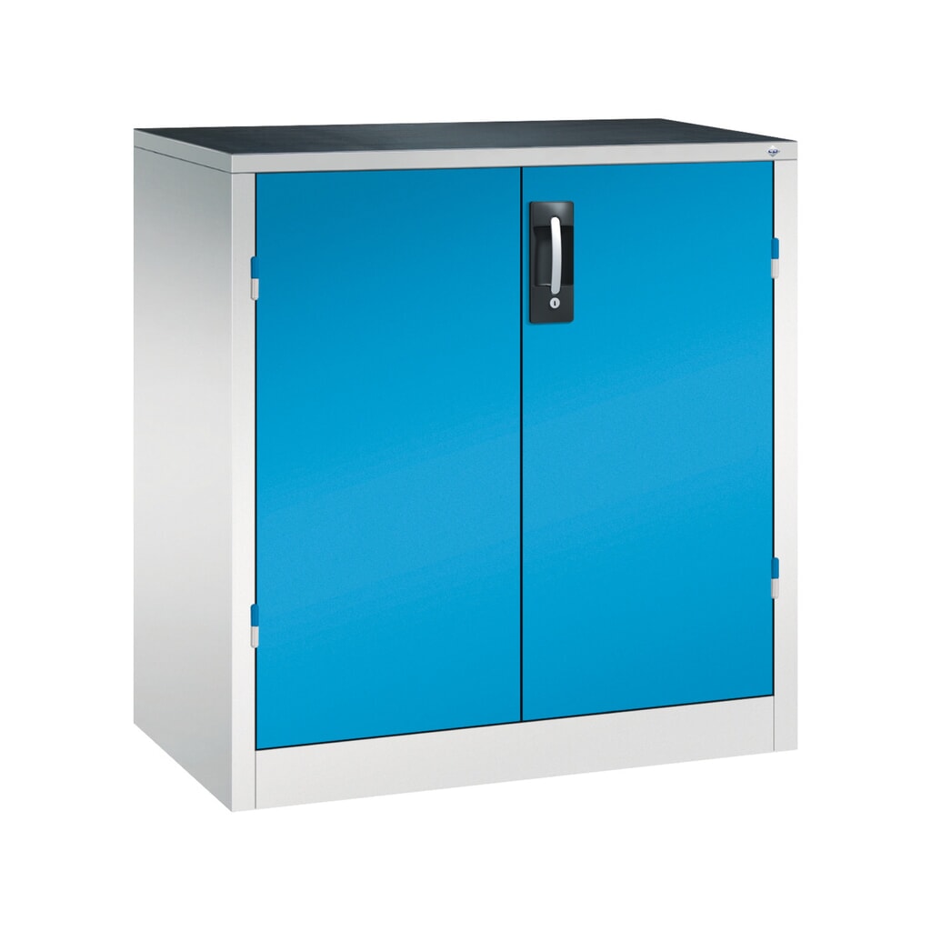Zwaarlastkast met opensl. deuren, cap. 700 kg, 100x93x50cm, lichtgrijs, lichtblauw Product afbeelding: Zwaarlastkast met opensl. deuren, cap. 700 kg, 100x93x50cm, lichtgrijs, lichtblauw
