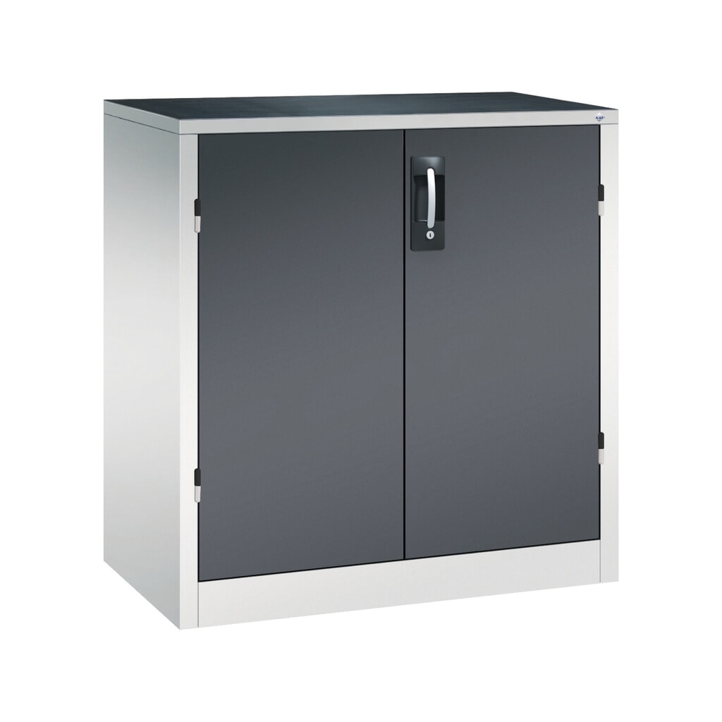 Zwaarlastkast met opensl. deuren, cap. 700 kg, 100x93x50cm, lichtgrijs, zwartgrijs Product afbeelding: Zwaarlastkast met opensl. deuren, cap. 700 kg, 100x93x50cm, lichtgrijs, zwartgrijs