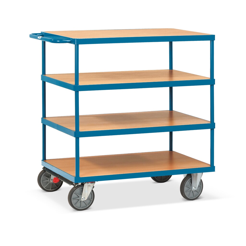 Zware tafel- en montagewagen fetra®, 4 etages van 700 x 1.000 mm, met centrale rem Product afbeelding: Zware tafel- en montagewagen fetra®, 4 etages van 700 x 1.000 mm, met centrale rem