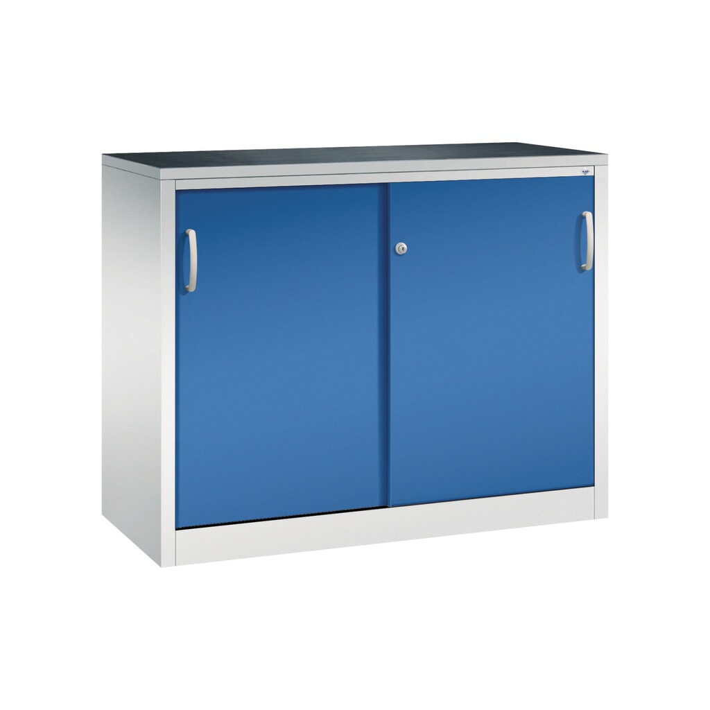 Zwarelast-schuifdeurenkast C+P, hxbxd 1.000 x 1.200 x 500 mm, lichtgrijs, gentiaanblauw Productafbeelding nr. 1: Zwarelast-schuifdeurenkast C+P, hxbxd 1.000 x 1.200 x 500 mm, lichtgrijs, gentiaanblauw