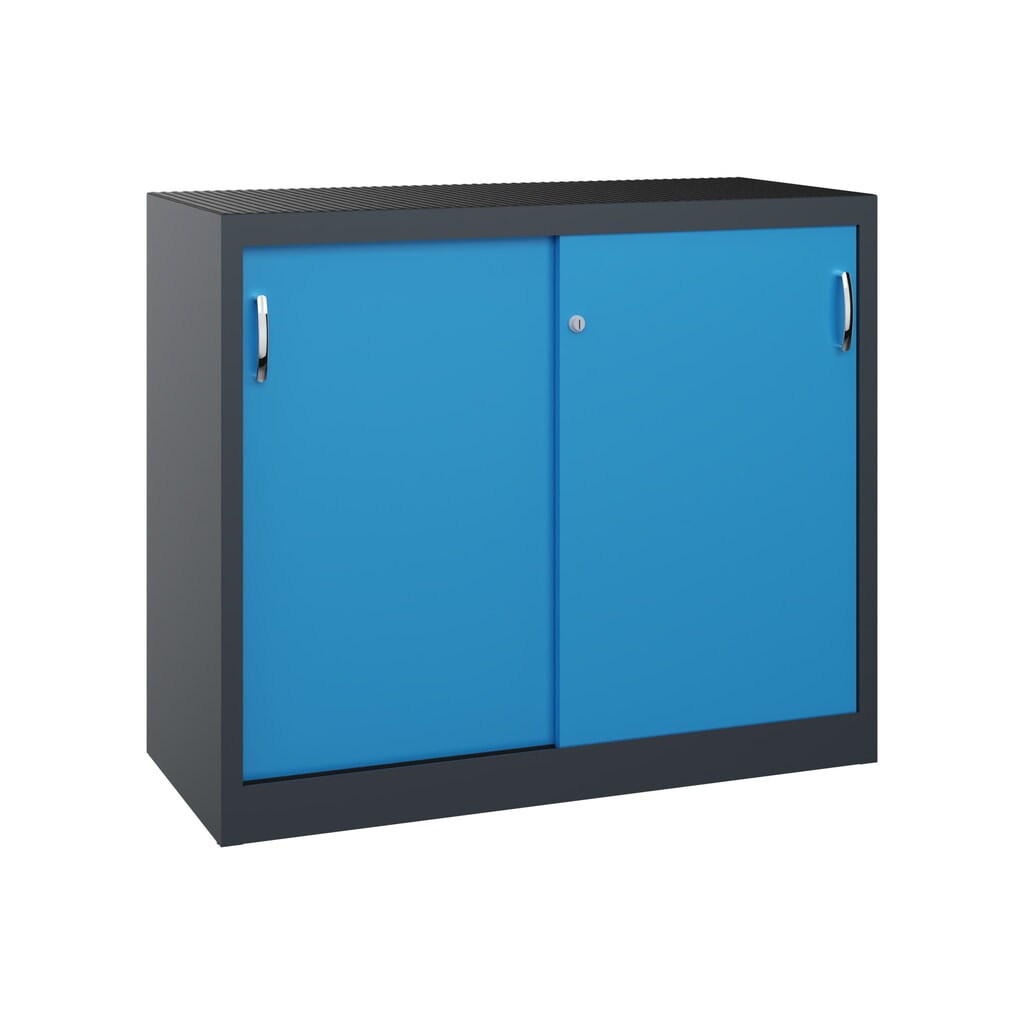 Zwarelast-schuifdeurenkast C+P, hxbxd 1.000 x 1.200 x 500 mm, antracietgrijs, lichtblauw Product afbeelding: Zwarelast-schuifdeurenkast C+P, hxbxd 1.000 x 1.200 x 500 mm, antracietgrijs, lichtblauw