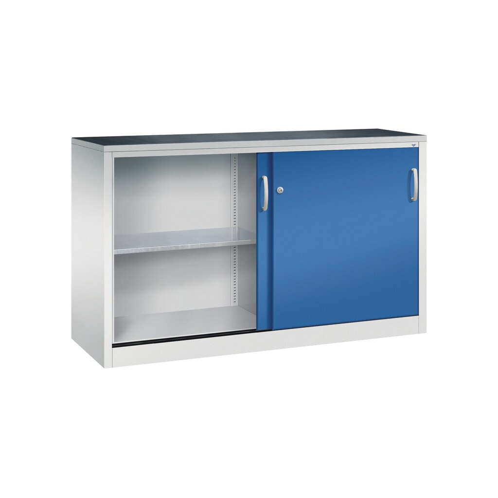 Zwarelast-schuifdeurenkast C+P, hxbxd 1.000 x 1.600 x 500 mm, lichtgrijs, gentiaanblauw Productafbeelding nr. 3: Zwarelast-schuifdeurenkast C+P, hxbxd 1.000 x 1.600 x 500 mm, lichtgrijs, gentiaanblauw