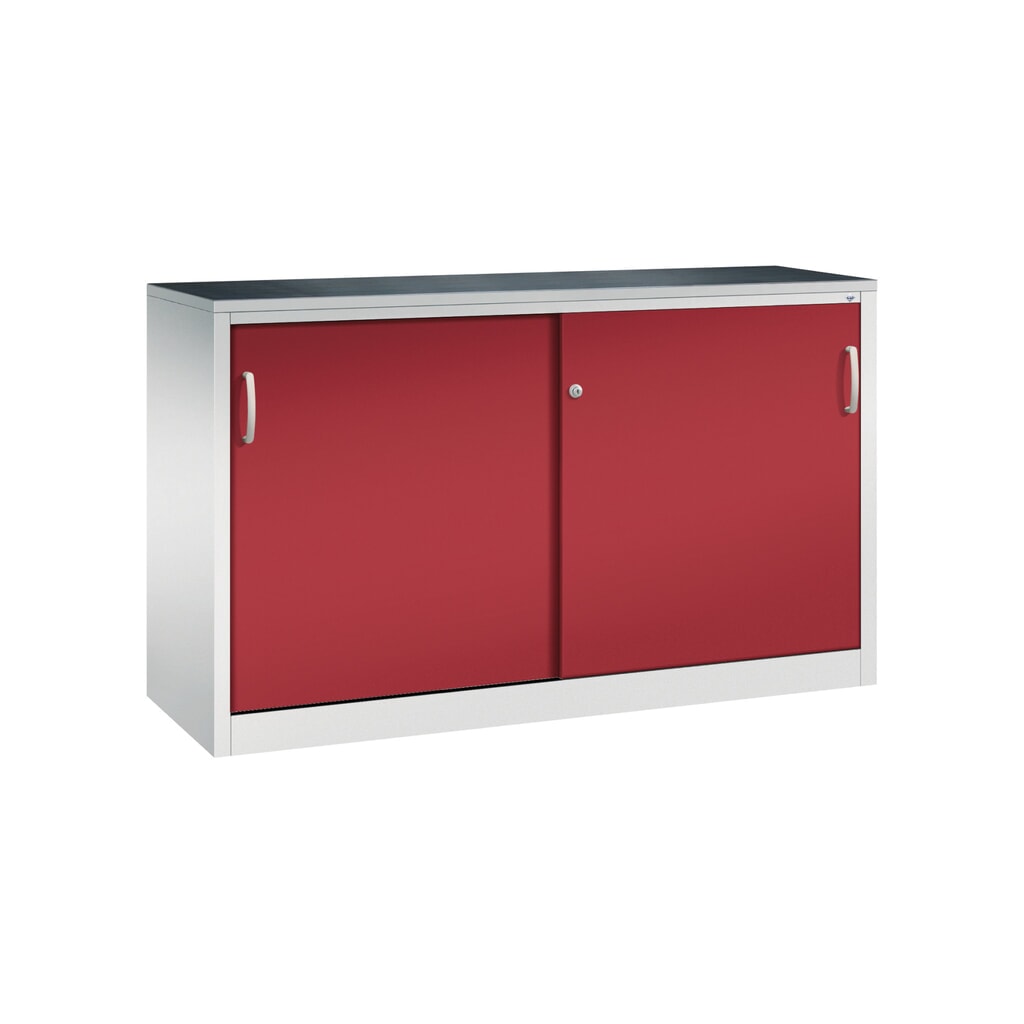 Zwarelast-schuifdeurenkast C+P, hxbxd 1.000 x 1.600 x 500 mm, lichtgrijs, robijnrood Product afbeelding: Zwarelast-schuifdeurenkast C+P, hxbxd 1.000 x 1.600 x 500 mm, lichtgrijs, robijnrood