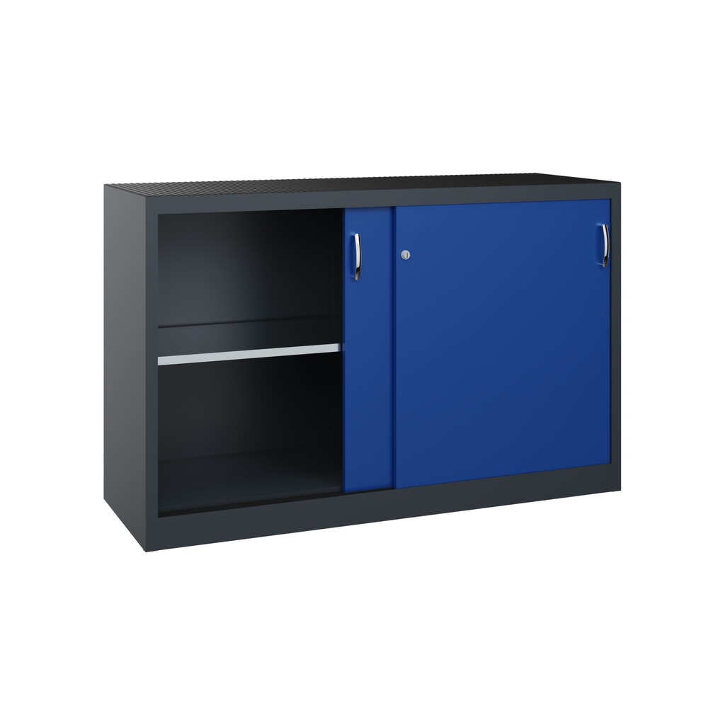 Zwarelast-schuifdeurenkast C+P, hxbxd 1.000 x 1.600 x 500 mm, antracietgrijs, gentiaanblauw Productafbeelding nr. 3: Zwarelast-schuifdeurenkast C+P, hxbxd 1.000 x 1.600 x 500 mm, antracietgrijs, gentiaanblauw