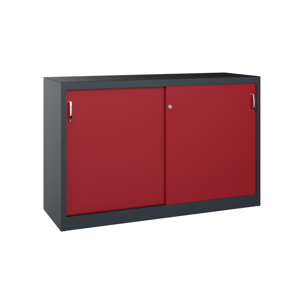 Zwarelast-schuifdeurenkast C+P, hxbxd 1.000 x 1.600 x 500 mm, antracietgrijs, robijnrood Product afbeelding: Zwarelast-schuifdeurenkast C+P, hxbxd 1.000 x 1.600 x 500 mm, antracietgrijs, robijnrood
