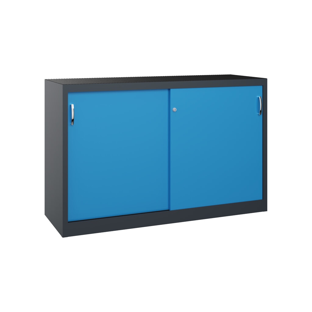 Zwarelast-schuifdeurenkast C+P, hxbxd 1.000 x 1.600 x 500 mm, antracietgrijs, lichtblauw Product afbeelding: Zwarelast-schuifdeurenkast C+P, hxbxd 1.000 x 1.600 x 500 mm, antracietgrijs, lichtblauw