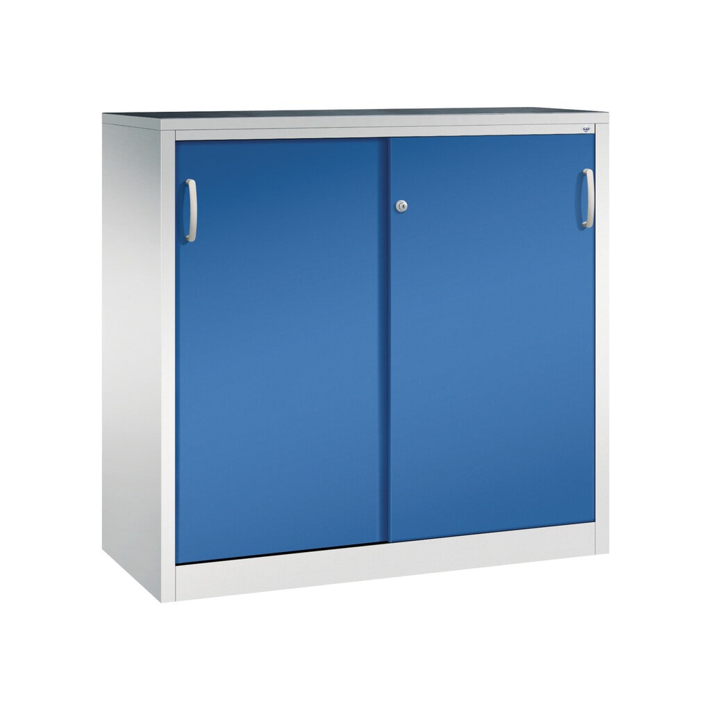 Zwarelast-schuifdeurenkast C+P, hxbxd 1.200 x 1.200 x 500 mm, lichtgrijs, gentiaanblauw Product afbeelding: Zwarelast-schuifdeurenkast C+P, hxbxd 1.200 x 1.200 x 500 mm, lichtgrijs, gentiaanblauw
