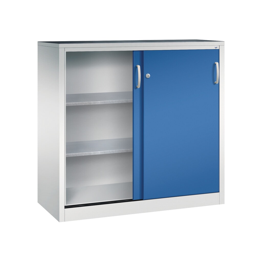 Zwarelast-schuifdeurenkast C+P, hxbxd 1.200 x 1.200 x 500 mm, lichtgrijs, gentiaanblauw Productafbeelding nr. 3: Zwarelast-schuifdeurenkast C+P, hxbxd 1.200 x 1.200 x 500 mm, lichtgrijs, gentiaanblauw
