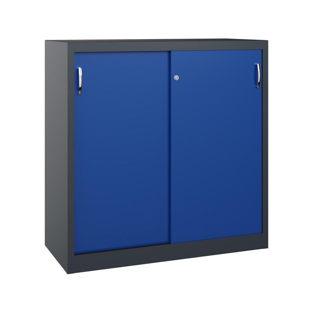 Zwarelast-schuifdeurenkast C+P, hxbxd 1.200 x 1.200 x 500 mm, antracietgrijs, gentiaanblauw Product afbeelding: Zwarelast-schuifdeurenkast C+P, hxbxd 1.200 x 1.200 x 500 mm, antracietgrijs, gentiaanblauw