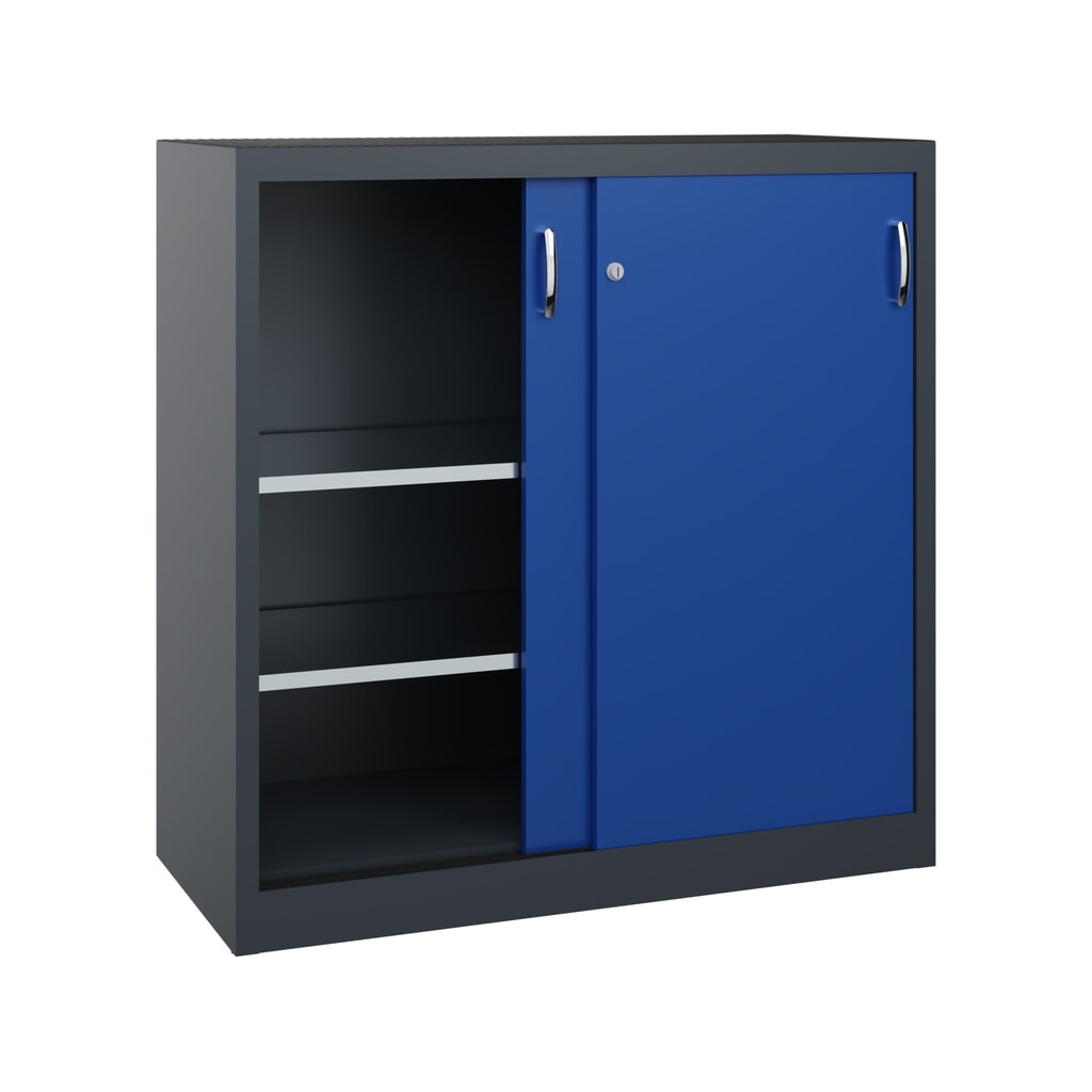 Zwarelast-schuifdeurenkast C+P, hxbxd 1.200 x 1.200 x 500 mm, antracietgrijs, gentiaanblauw Productafbeelding nr. 3: Zwarelast-schuifdeurenkast C+P, hxbxd 1.200 x 1.200 x 500 mm, antracietgrijs, gentiaanblauw
