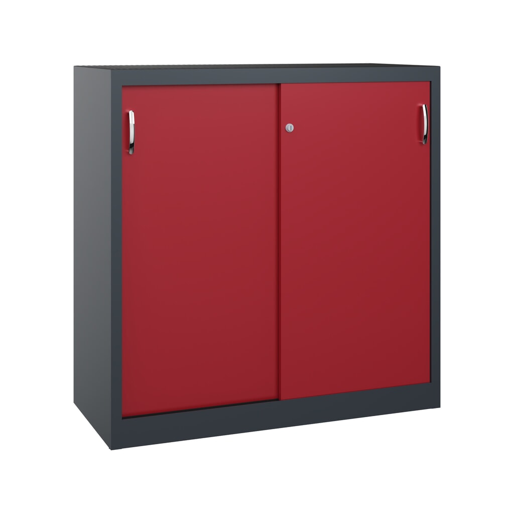 Zwarelast-schuifdeurenkast C+P, hxbxd 1.200 x 1.200 x 500 mm, antracietgrijs, robijnrood Product afbeelding: Zwarelast-schuifdeurenkast C+P, hxbxd 1.200 x 1.200 x 500 mm, antracietgrijs, robijnrood