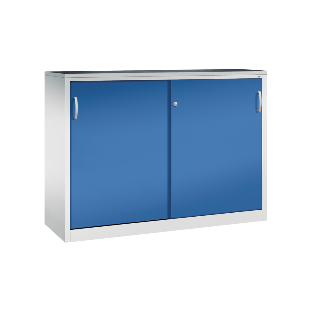 Zwarelast-schuifdeurenkast C+P, hxbxd 1.200 x 1.600 x 500 mm, lichtgrijs, gentiaanblauw Product afbeelding: Zwarelast-schuifdeurenkast C+P, hxbxd 1.200 x 1.600 x 500 mm, lichtgrijs, gentiaanblauw