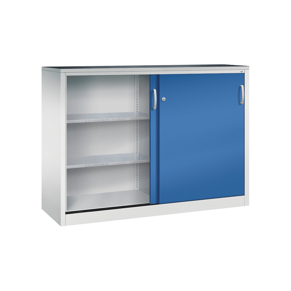 Zwarelast-schuifdeurenkast C+P, hxbxd 1.200 x 1.600 x 500 mm, lichtgrijs, gentiaanblauw Productafbeelding nr. 3: Zwarelast-schuifdeurenkast C+P, hxbxd 1.200 x 1.600 x 500 mm, lichtgrijs, gentiaanblauw