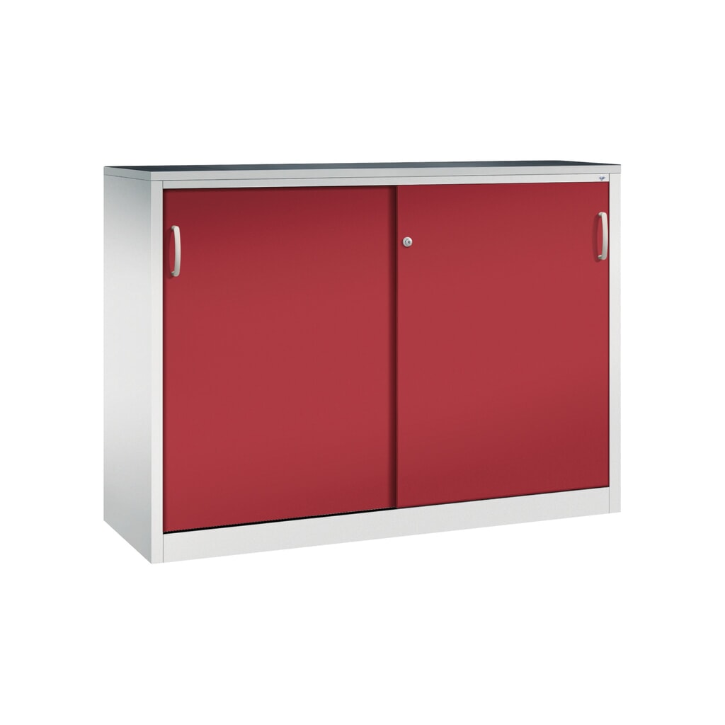Zwarelast-schuifdeurenkast C+P, hxbxd 1.200 x 1.600 x 500 mm, lichtgrijs, robijnrood Product afbeelding: Zwarelast-schuifdeurenkast C+P, hxbxd 1.200 x 1.600 x 500 mm, lichtgrijs, robijnrood