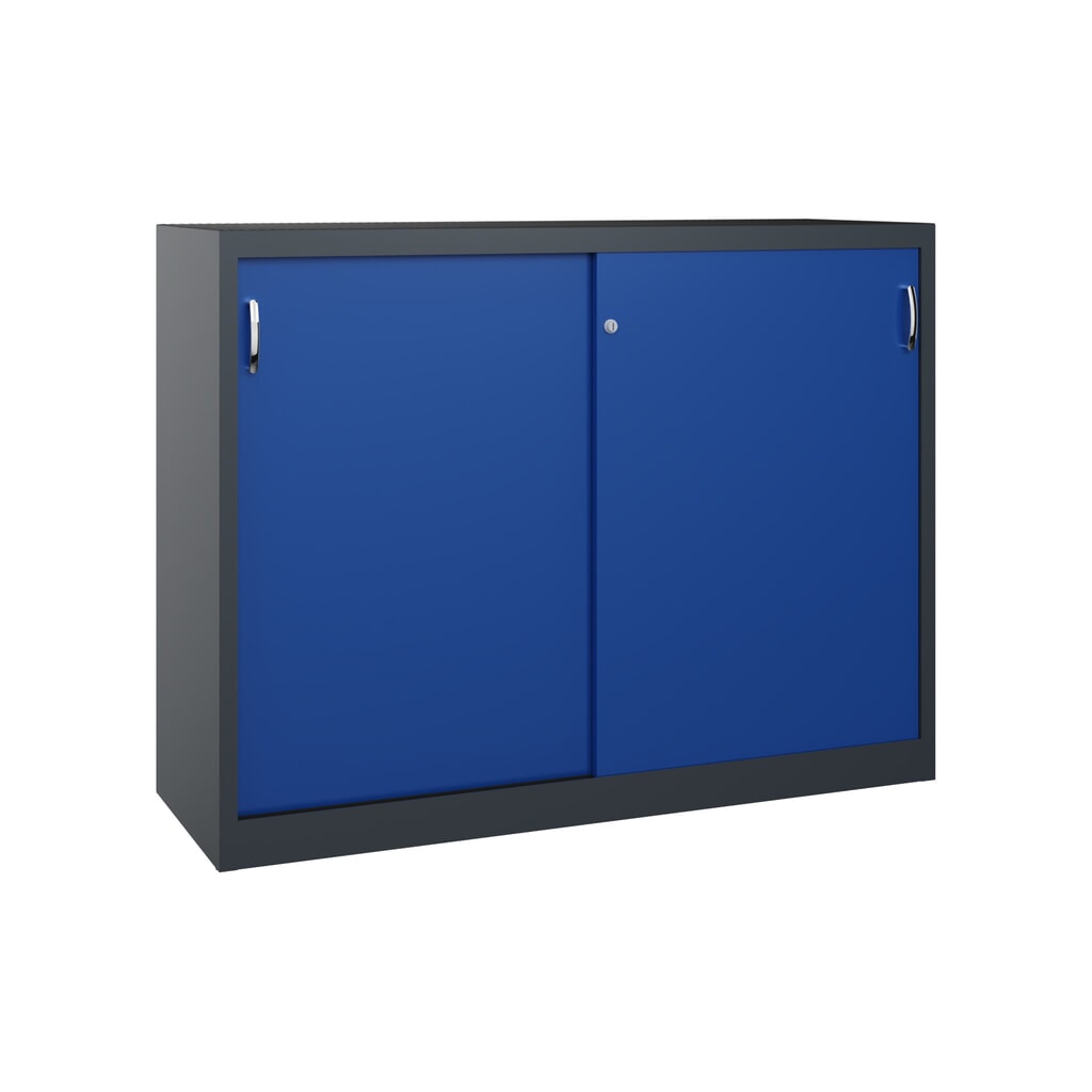 Zwarelast-schuifdeurenkast C+P, hxbxd 1.200 x 1.600 x 500 mm, antracietgrijs, gentiaanblauw Product afbeelding: Zwarelast-schuifdeurenkast C+P, hxbxd 1.200 x 1.600 x 500 mm, antracietgrijs, gentiaanblauw