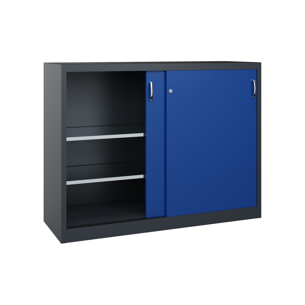 Zwarelast-schuifdeurenkast C+P, hxbxd 1.200 x 1.600 x 500 mm, antracietgrijs, gentiaanblauw Productafbeelding nr. 3: Zwarelast-schuifdeurenkast C+P, hxbxd 1.200 x 1.600 x 500 mm, antracietgrijs, gentiaanblauw