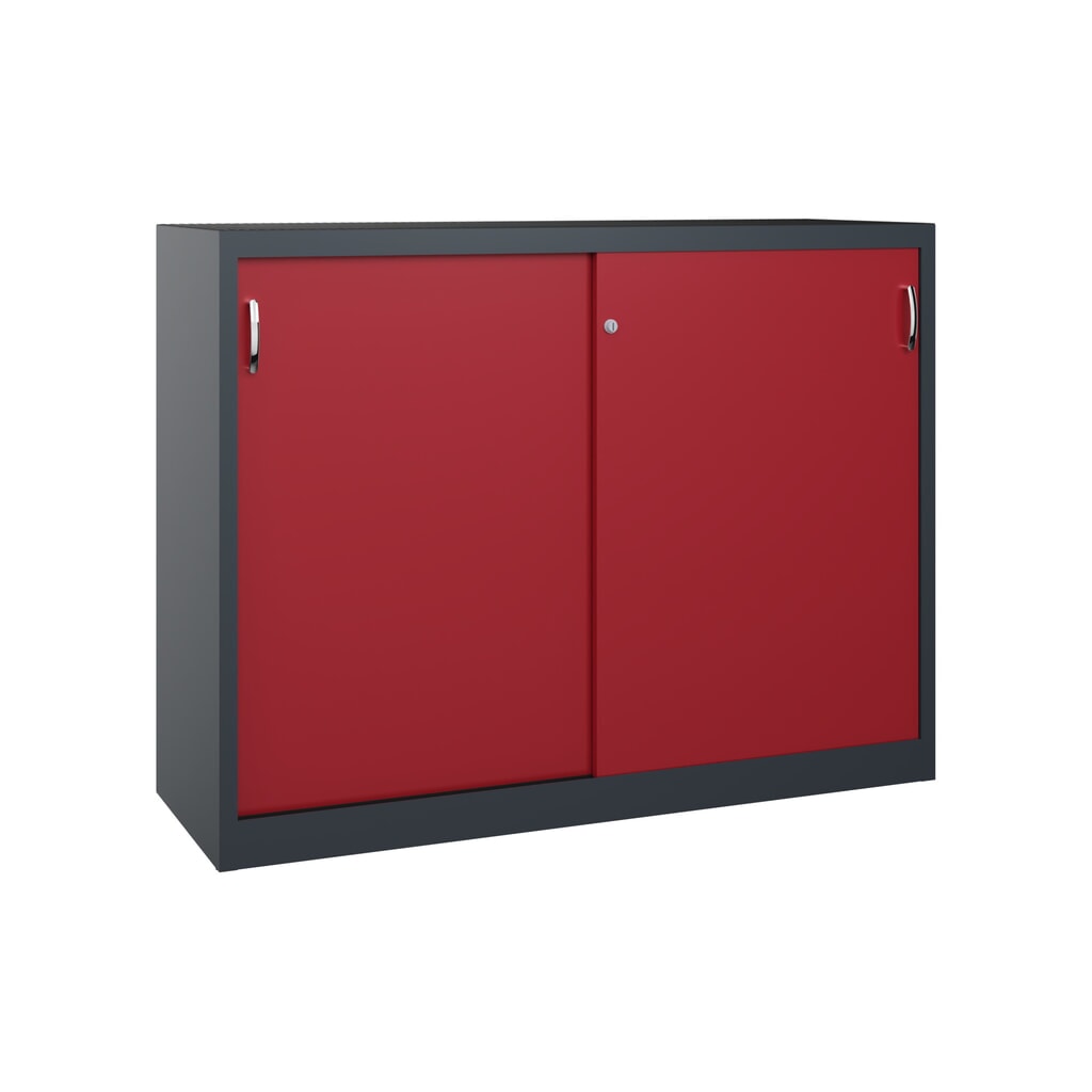Zwarelast-schuifdeurenkast C+P, hxbxd 1.200 x 1.600 x 500 mm, antracietgrijs, robijnrood Product afbeelding: Zwarelast-schuifdeurenkast C+P, hxbxd 1.200 x 1.600 x 500 mm, antracietgrijs, robijnrood