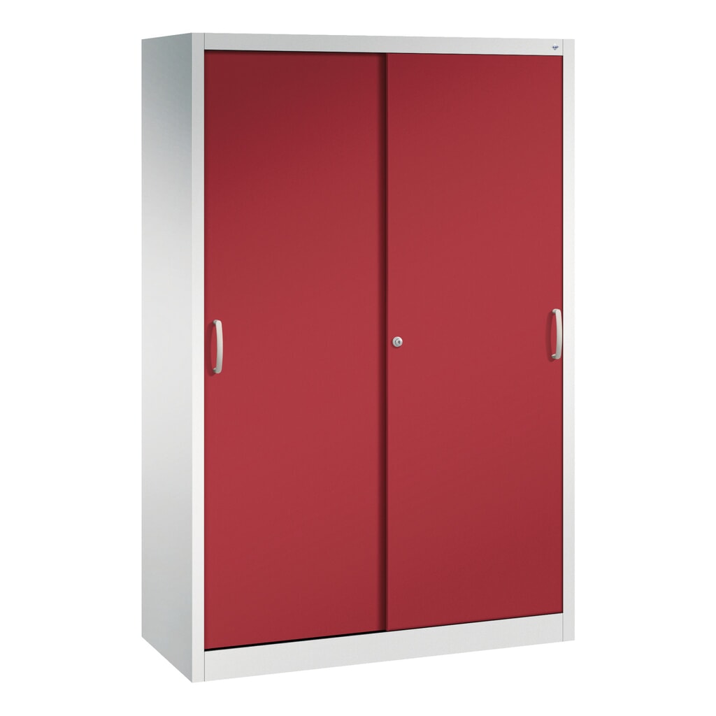 Zwarelast-schuifdeurenkast C+P, hxbxd 1.950 x 1.200 x 500 mm, lichtgrijs, robijnrood Product afbeelding: Zwarelast-schuifdeurenkast C+P, hxbxd 1.950 x 1.200 x 500 mm, lichtgrijs, robijnrood