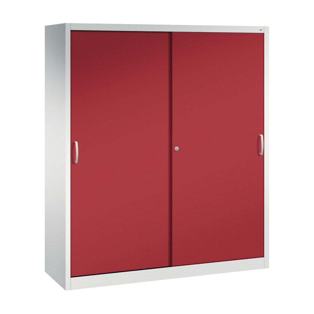 Zwarelast-schuifdeurenkast C+P, hxbxd 1.950 x 1.600 x 500 mm, lichtgrijs, robijnrood Product afbeelding: Zwarelast-schuifdeurenkast C+P, hxbxd 1.950 x 1.600 x 500 mm, lichtgrijs, robijnrood