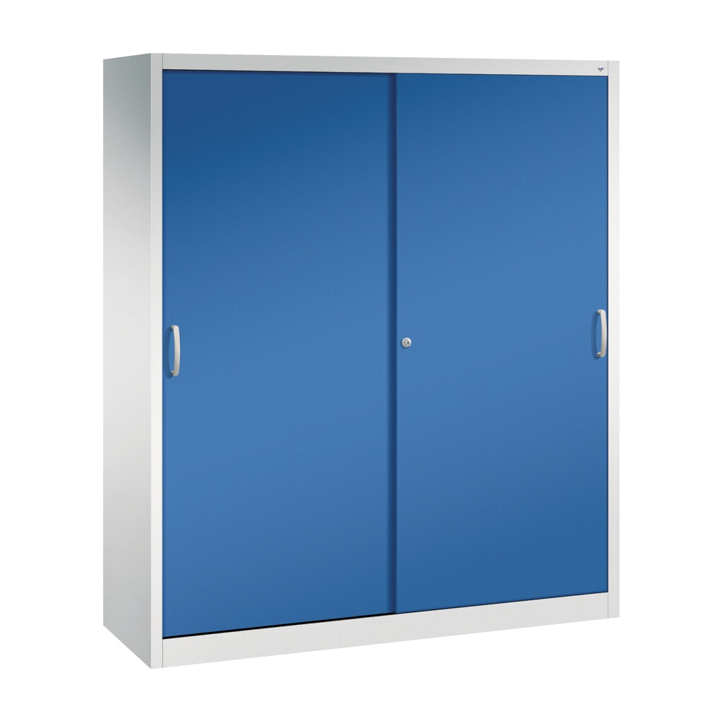 Zwarelast-schuifdeurenkast C+P, hxbxd 1.950 x 1.600 x 500 mm, lichtgrijs, gentiaanblauw Product afbeelding: Zwarelast-schuifdeurenkast C+P, hxbxd 1.950 x 1.600 x 500 mm, lichtgrijs, gentiaanblauw