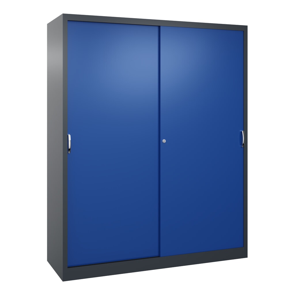 Zwarelast-schuifdeurenkast C+P, hxbxd 1.950 x 1.600 x 500 mm, antracietgrijs, gentiaanblauw Product afbeelding: Zwarelast-schuifdeurenkast C+P, hxbxd 1.950 x 1.600 x 500 mm, antracietgrijs, gentiaanblauw