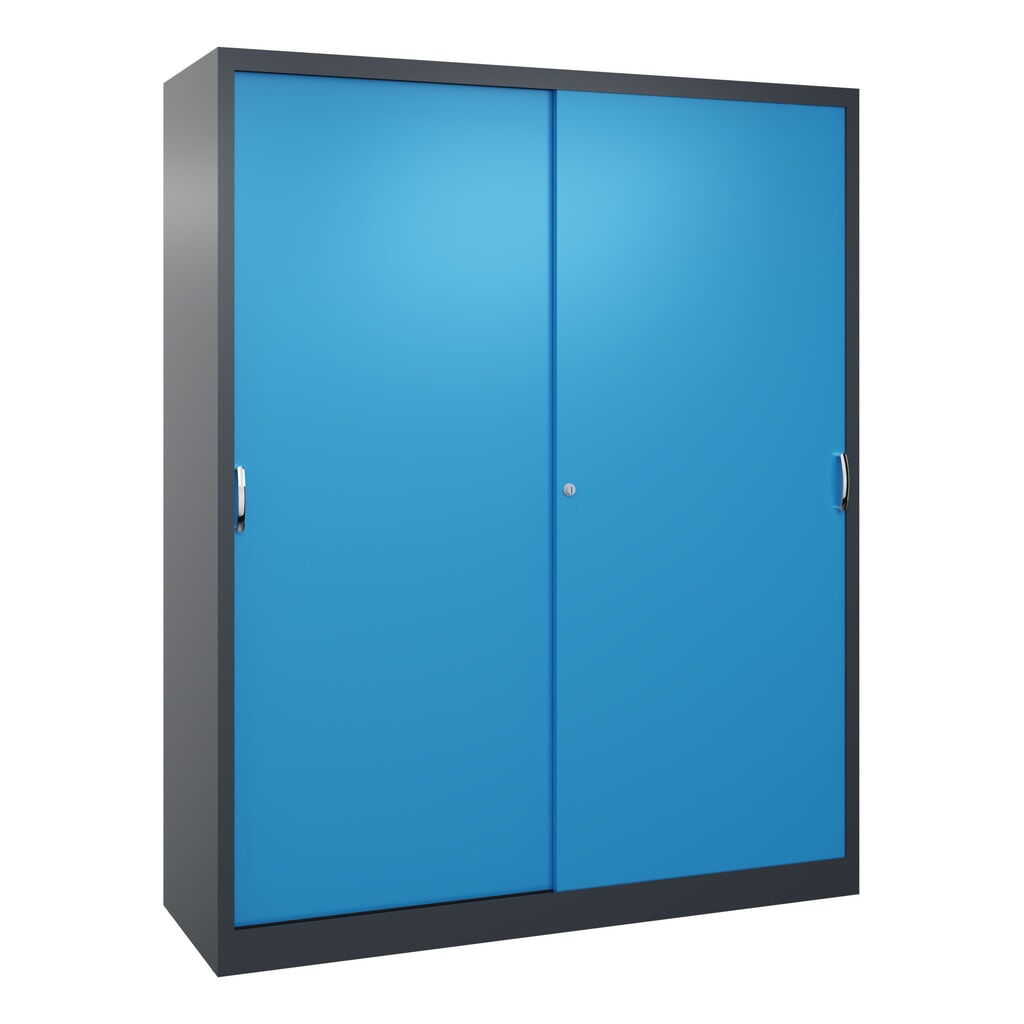 Zwarelast-schuifdeurenkast C+P, hxbxd 1.950 x 1.600 x 500 mm, antracietgrijs, lichtblauw Product afbeelding: Zwarelast-schuifdeurenkast C+P, hxbxd 1.950 x 1.600 x 500 mm, antracietgrijs, lichtblauw