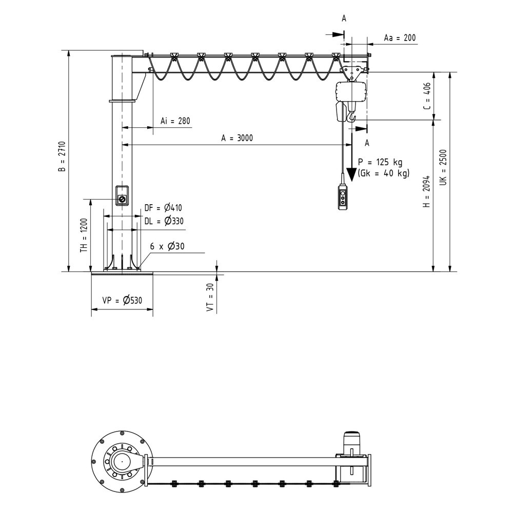 Productafbeelding nr. 2: Zwenkkraan VETTER® incl. elektrische takel LIFTKET, kolomuitvoering, 360° zwenkbereik, reikwijdte 3.000 mm, draagvermogen 125 kg