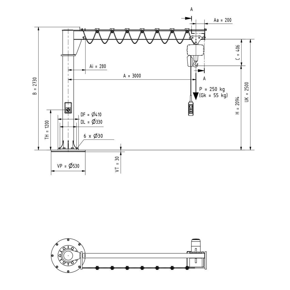 Productafbeelding nr. 2: Zwenkkraan VETTER® incl. elektrische takel LIFTKET, kolomuitvoering, 360° zwenkbereik, reikwijdte 3.000 mm, draagvermogen 250 kg