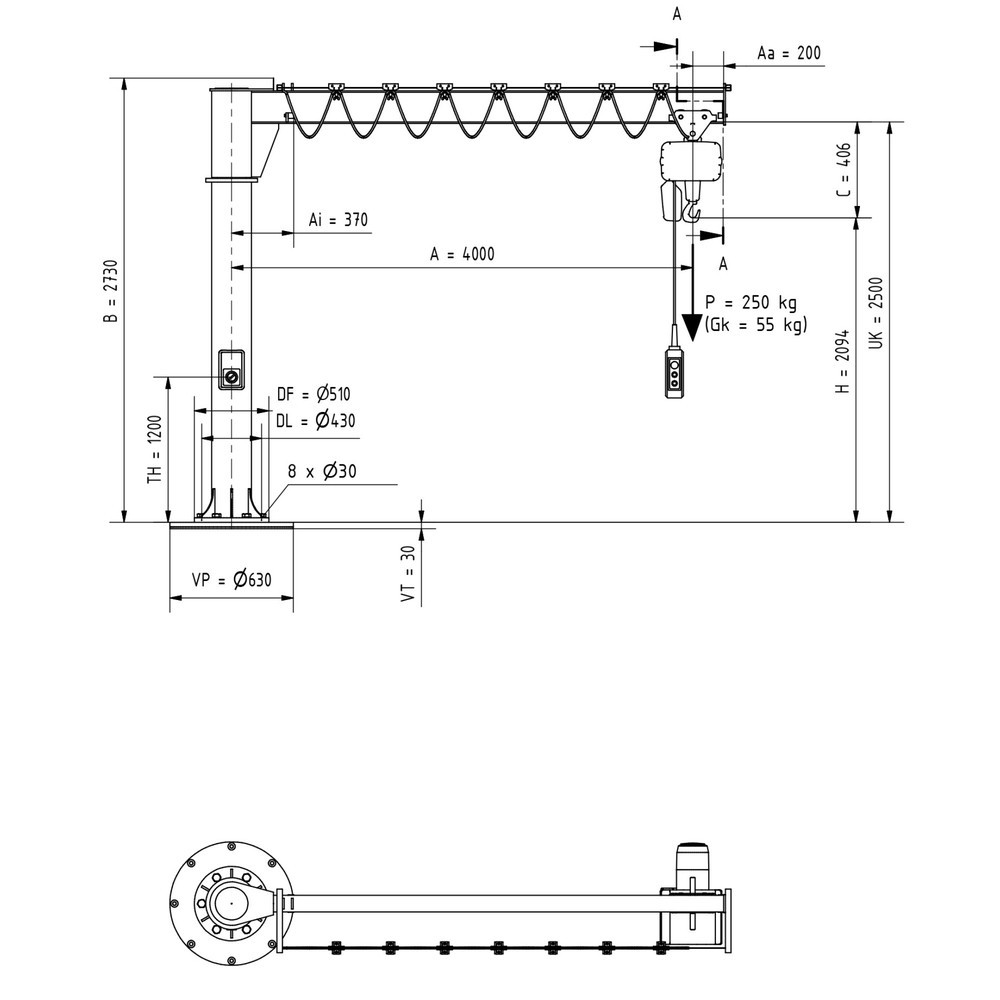 Productafbeelding nr. 2: Zwenkkraan VETTER® incl. elektrische takel LIFTKET, kolomuitvoering, 360° zwenkbereik, reikwijdte 4.000 mm, draagvermogen 250 kg
