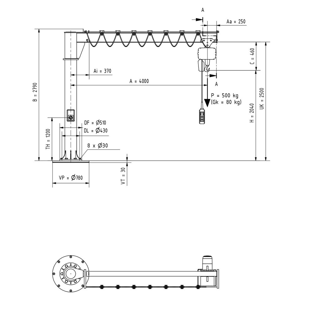 Productafbeelding nr. 2: Zwenkkraan VETTER® incl. elektrische takel LIFTKET, kolomuitvoering, 360° zwenkbereik, reikwijdte 4.000 mm, draagvermogen 500 kg