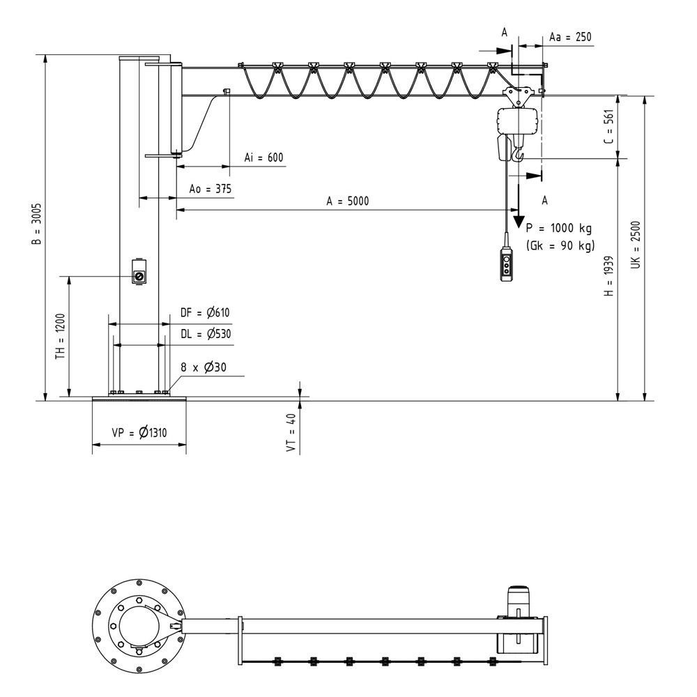 Productafbeelding nr. 2: Zwenkkraan VETTER® incl. elektrische takel LIFTKET, kolomuitvoering, lage constructie, incl. bevestigingsmateriaal, reikwijdte 5.000 mm, draagvermogen 1.000 kg