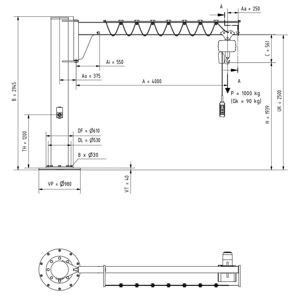 Productafbeelding nr. 2: Zwenkkraan VETTER® incl. elektrische takel LIFTKET, kolomuitvoering, lage constructie, incl. bevestigingsmateriaal, reikwijdte 4.000 mm, draagvermogen 1.000 kg