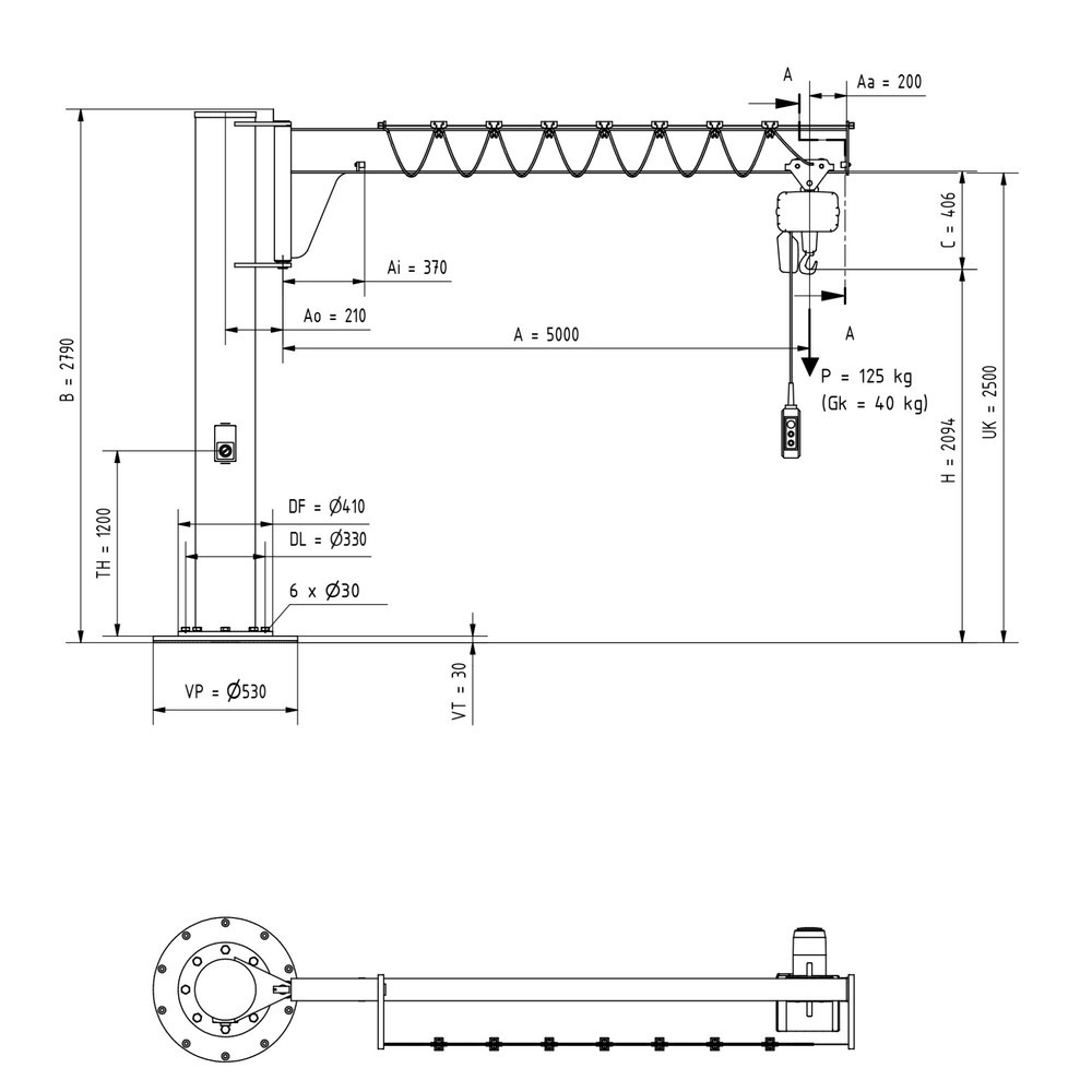 Productafbeelding nr. 2: Zwenkkraan VETTER® incl. elektrische takel LIFTKET, kolomuitvoering, lage constructie, incl. bevestigingsmateriaal, reikwijdte 5.000 mm, draagvermogen 125 kg