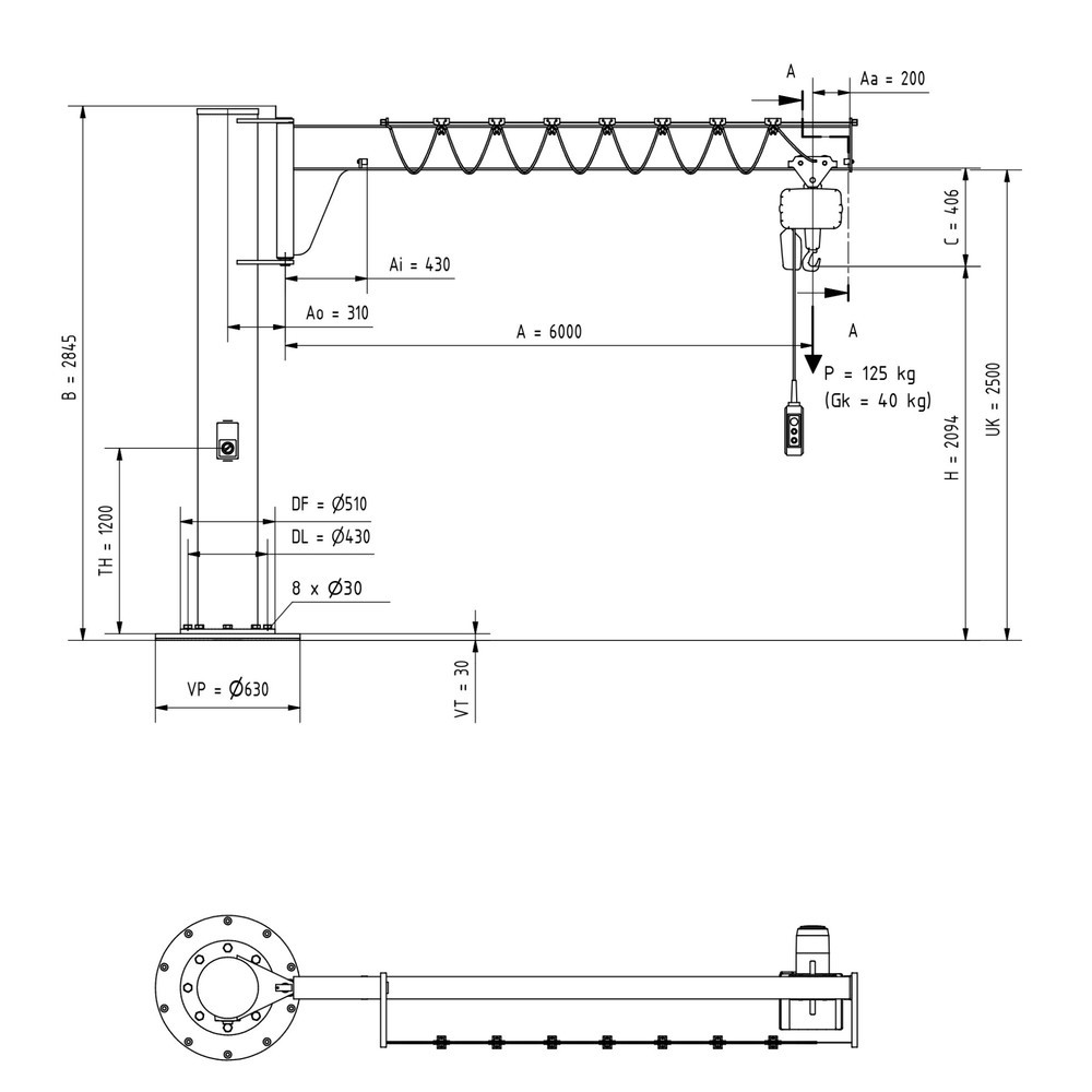 Productafbeelding nr. 2: Zwenkkraan VETTER® incl. elektrische takel LIFTKET, kolomuitvoering, lage constructie, incl. bevestigingsmateriaal, reikwijdte 6.000 mm, draagvermogen 125 kg
