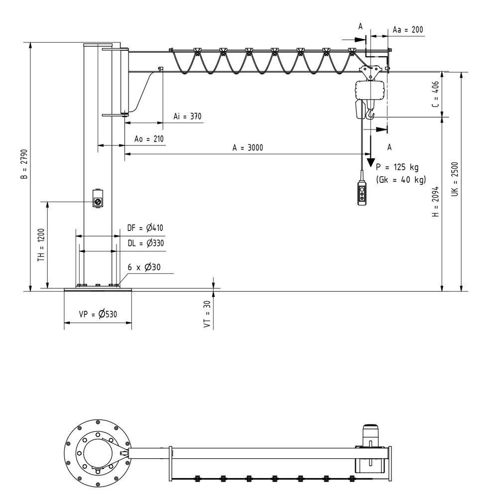 Productafbeelding nr. 2: Zwenkkraan VETTER® incl. elektrische takel LIFTKET, kolomuitvoering, lage constructie, incl. bevestigingsmateriaal, reikwijdte 3.000 mm, draagvermogen 125 kg
