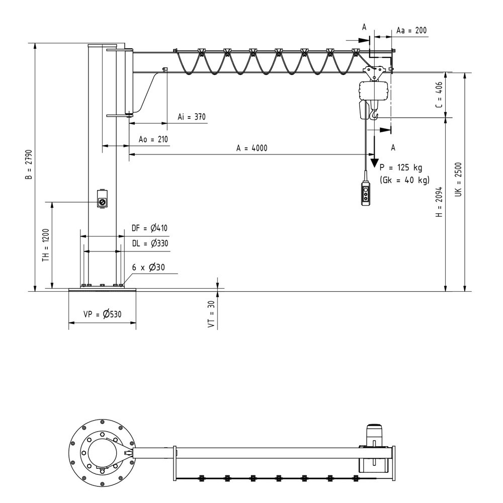 Productafbeelding nr. 3: Zwenkkraan VETTER® incl. elektrische takel LIFTKET, kolomuitvoering, lage constructie, incl. bevestigingsmateriaal, reikwijdte 4.000 mm, draagvermogen 125 kg