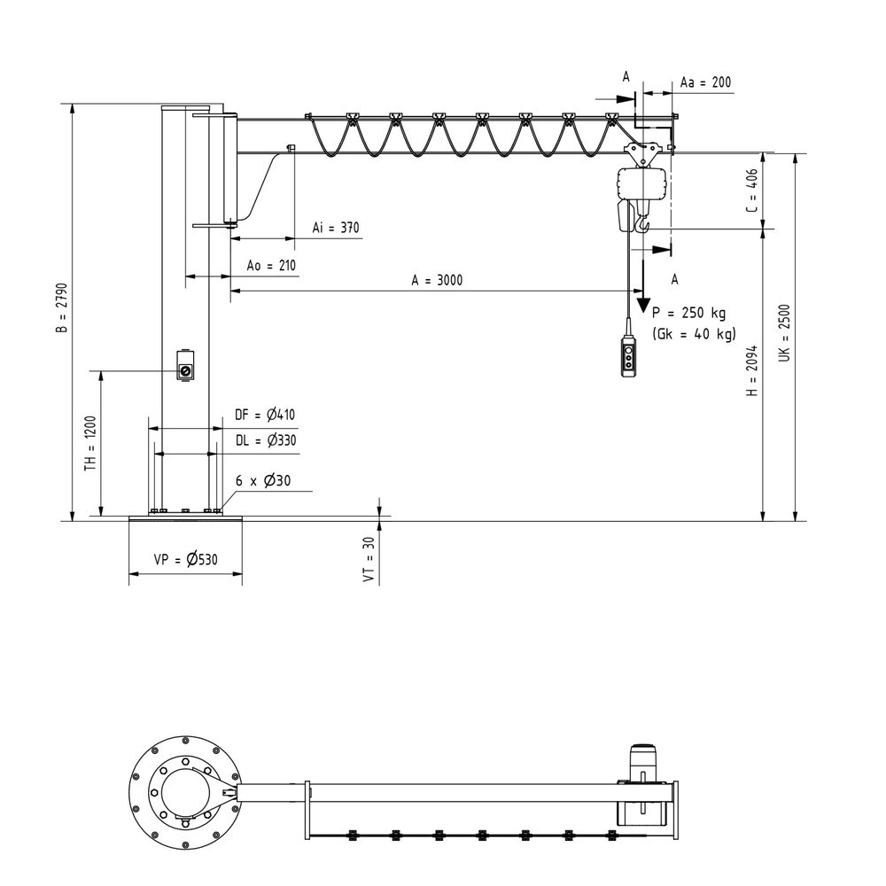 Productafbeelding nr. 2: Zwenkkraan VETTER® incl. elektrische takel LIFTKET, kolomuitvoering, lage constructie, incl. bevestigingsmateriaal, reikwijdte 3.000 mm, draagvermogen 250 kg