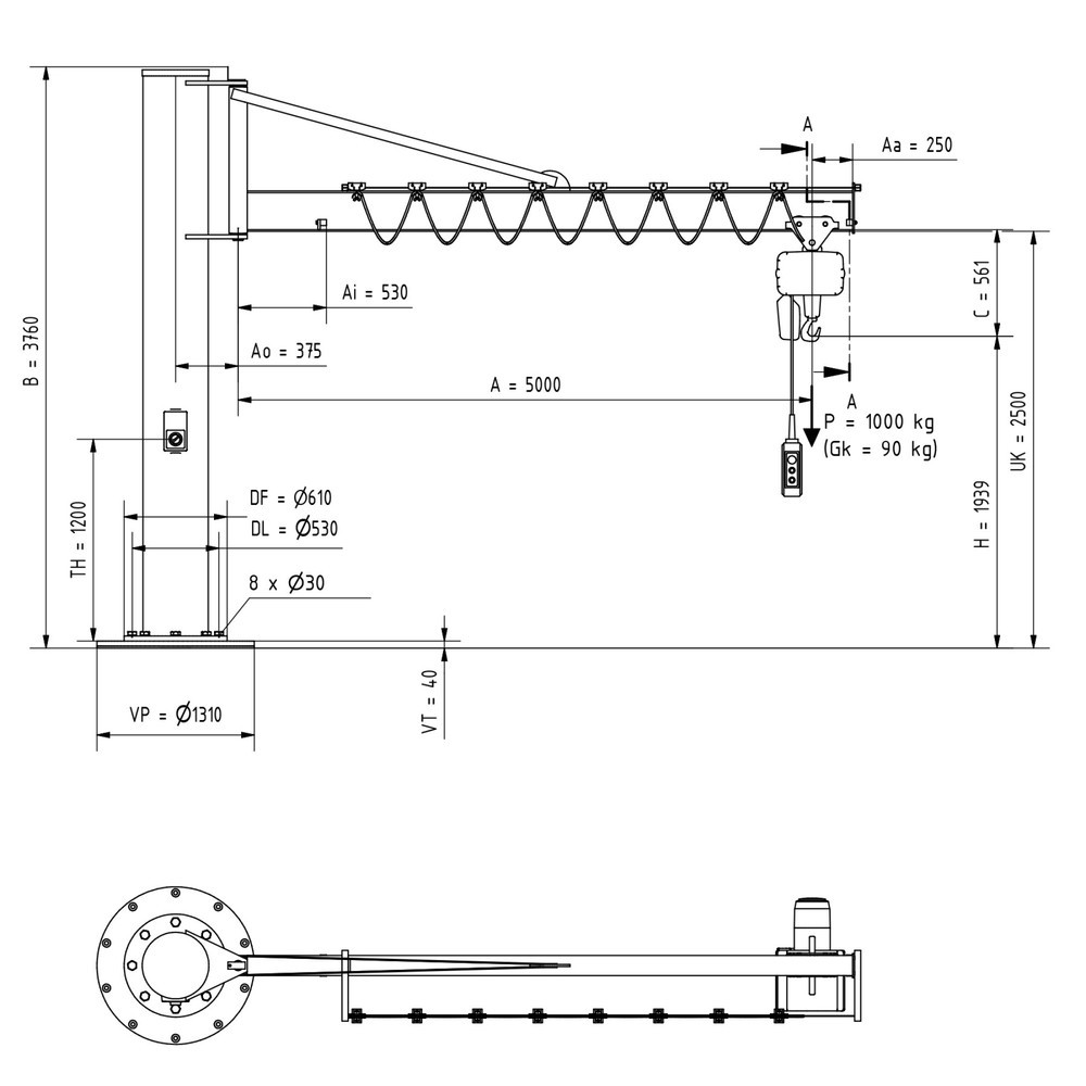 Productafbeelding nr. 2: Zwenkkraan VETTER® incl. elektrische takel LIFTKET, kolomuitvoering met spankabel, incl. bevestigingsmateriaal, reikwijdte 5.000 mm, draagvermogen 1.000 kg