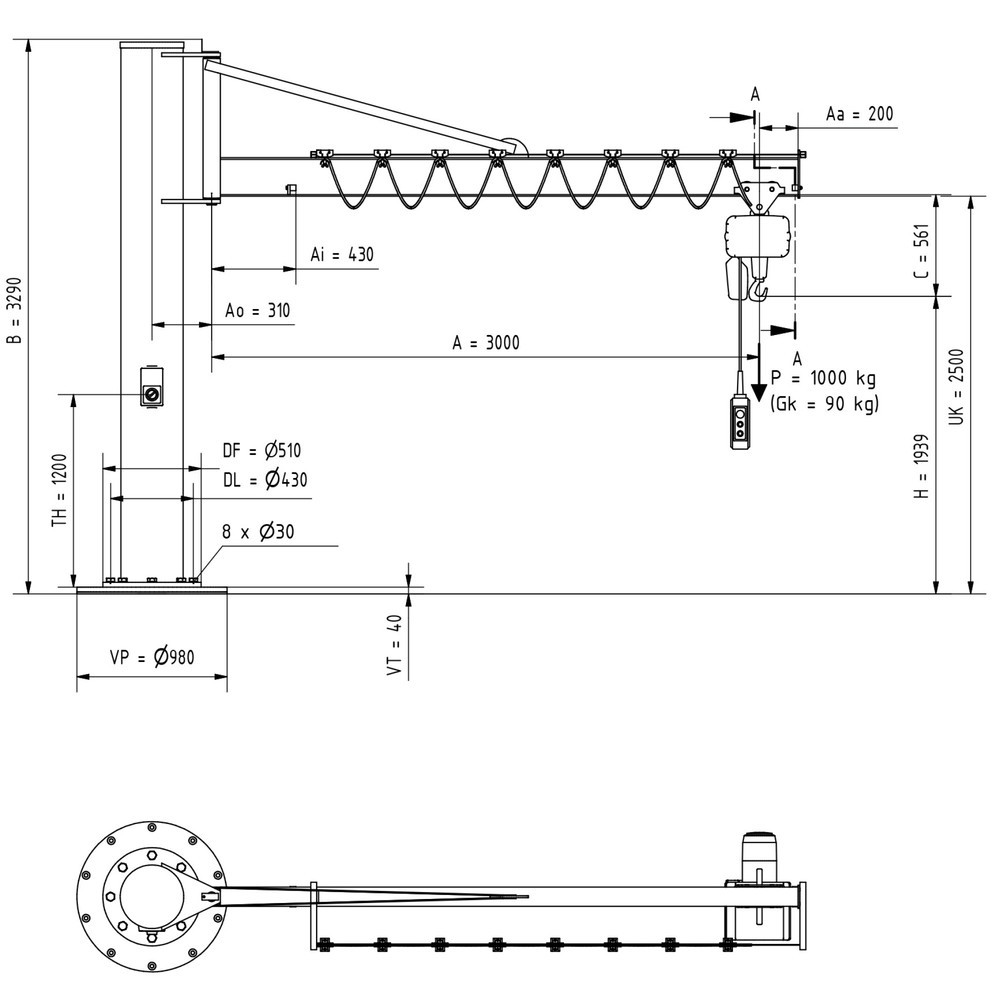 Productafbeelding nr. 2: Zwenkkraan VETTER® incl. elektrische takel LIFTKET, kolomuitvoering met spankabel, incl. bevestigingsmateriaal, reikwijdte 3.000 mm, draagvermogen 1.000 kg