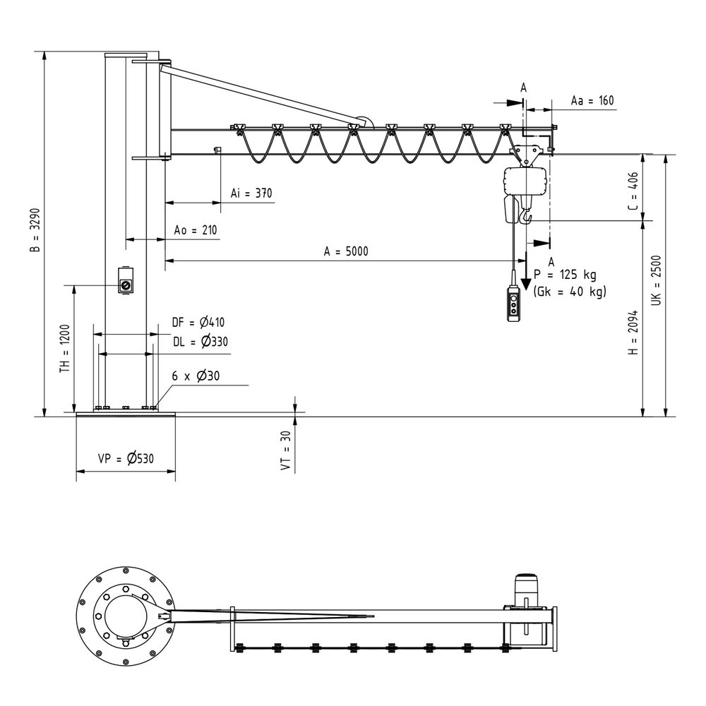Productafbeelding nr. 1: Zwenkkraan VETTER® incl. elektrische takel LIFTKET, kolomuitvoering met spankabel, incl. bevestigingsmateriaal, reikwijdte 5.000 mm, draagvermogen 125 kg