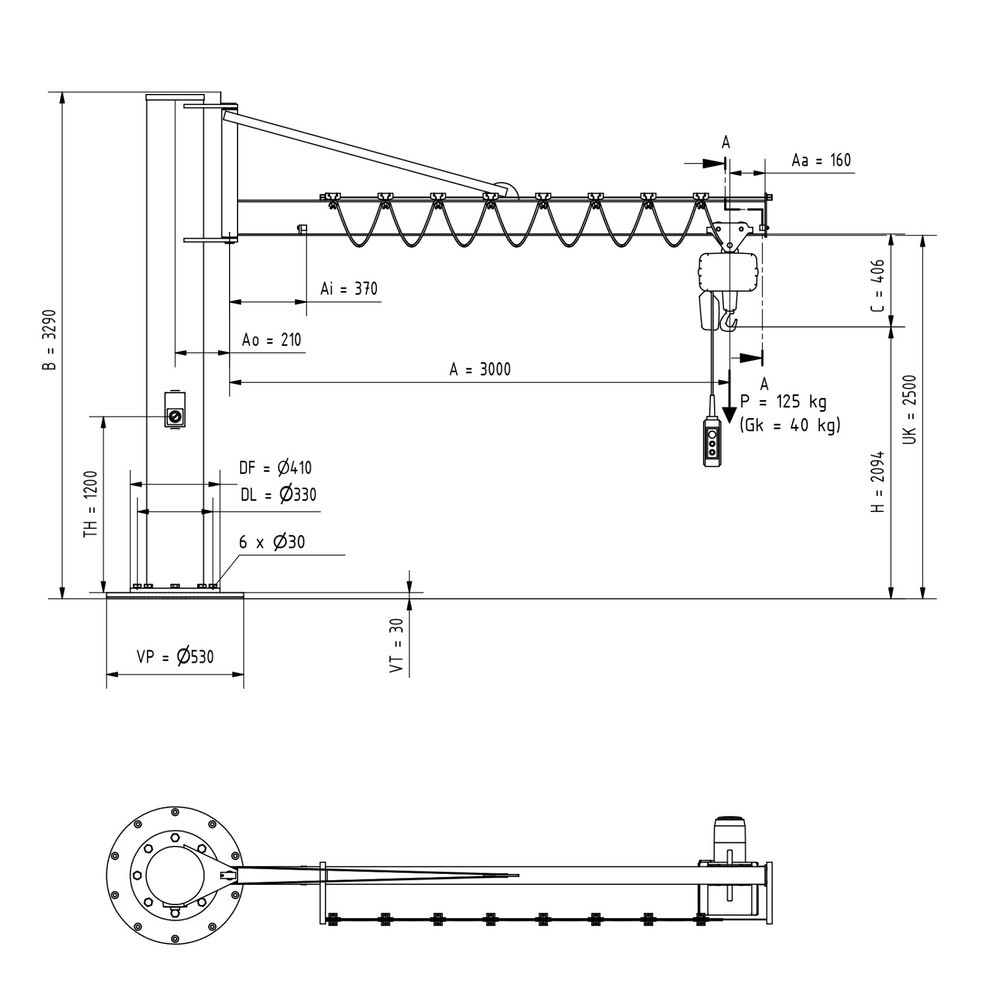 Productafbeelding nr. 2: Zwenkkraan VETTER® incl. elektrische takel LIFTKET, kolomuitvoering met spankabel, incl. bevestigingsmateriaal, reikwijdte 3.000 mm, draagvermogen 125 kg
