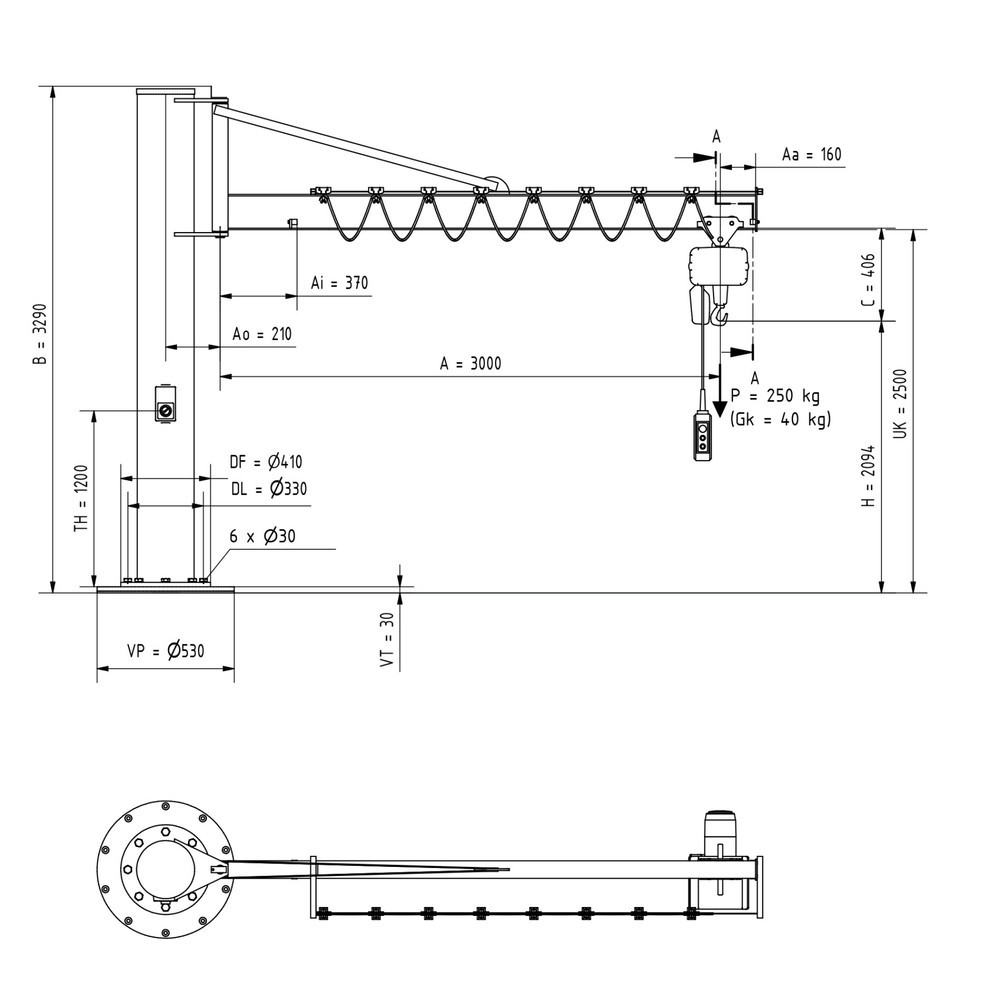Productafbeelding nr. 2: Zwenkkraan VETTER® incl. elektrische takel LIFTKET, kolomuitvoering met spankabel, incl. bevestigingsmateriaal, reikwijdte 3.000 mm, draagvermogen 250 kg