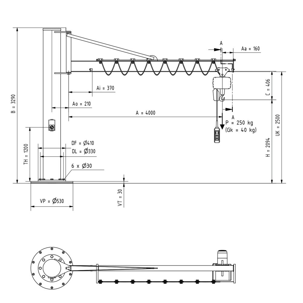 Productafbeelding nr. 2: Zwenkkraan VETTER® incl. elektrische takel LIFTKET, kolomuitvoering met spankabel, incl. bevestigingsmateriaal, reikwijdte 4.000 mm, draagvermogen 250 kg
