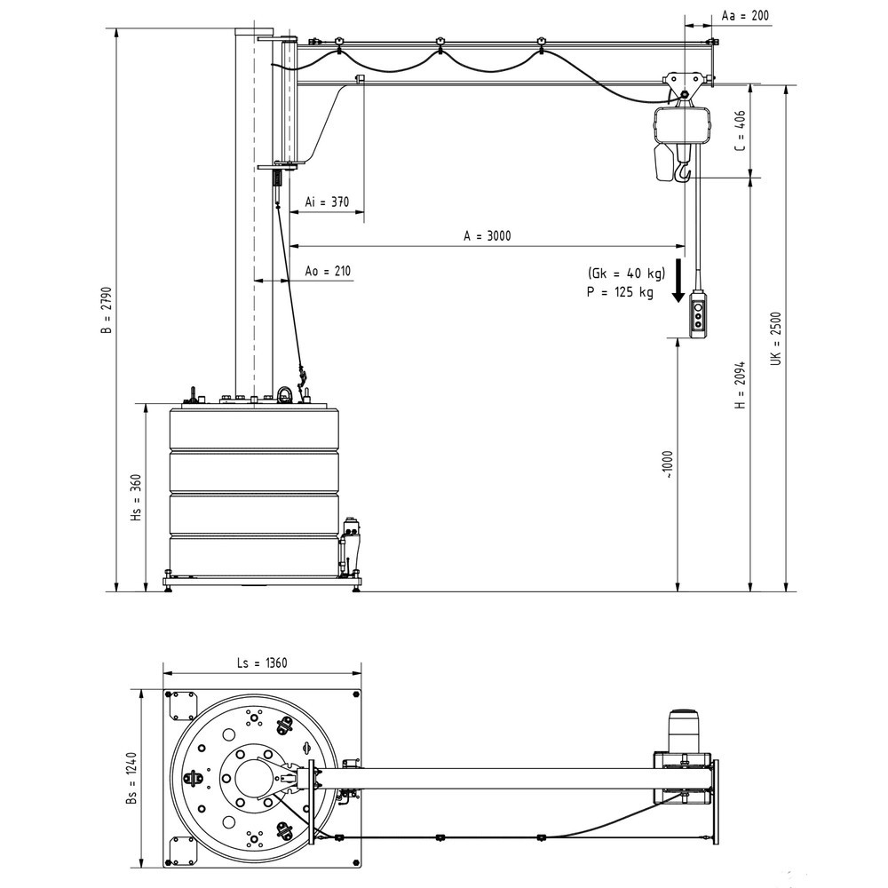 Productafbeelding nr. 2: Zwenkkraan VETTER® incl. elektrische takel LIFTKET, 270° zwenkbereik, reikwijdte 3.000 mm, draagvermogen 125 kg