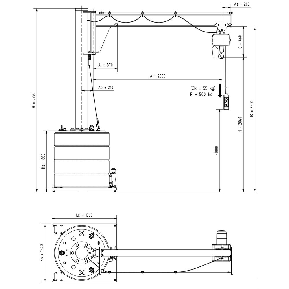 Productafbeelding nr. 2: Zwenkkraan VETTER® incl. elektrische takel LIFTKET, 270° zwenkbereik, reikwijdte 2.000 mm, draagvermogen 500 kg
